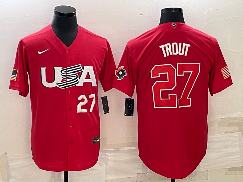 Men 2023 World Cub USA #27 Trout Red Nike MLB Jersey7